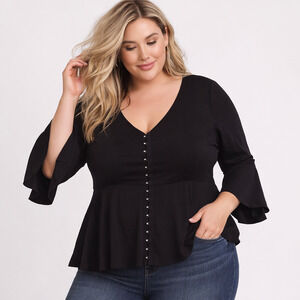 Torrid Stretch Challis Bell Sleeve Midi Women's Plus 2X Black V Neck